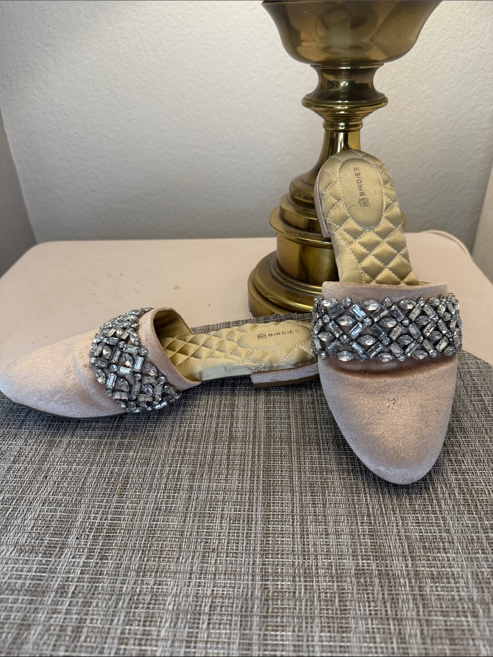 Birdies Blush Crystal-Embellished Backless Pointed Mules